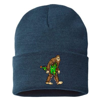 Bigfoot Hunter Christmas Tree Funny Sustainable Knit Beanie