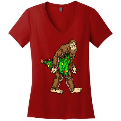 Bigfoot Hunter Christmas Tree Funny Women's V-Neck T-Shirt