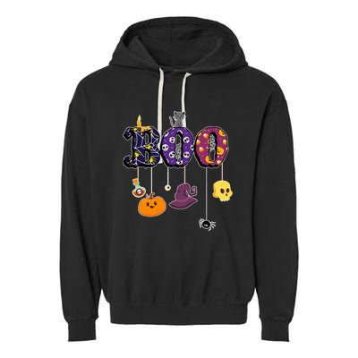 Boo Halloween Costume Spiders Ghosts Pumkin & Witch Hat Garment-Dyed Fleece Hoodie