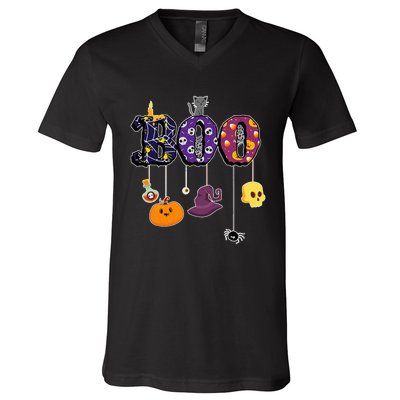 Boo Halloween Costume Spiders Ghosts Pumkin & Witch Hat V-Neck T-Shirt