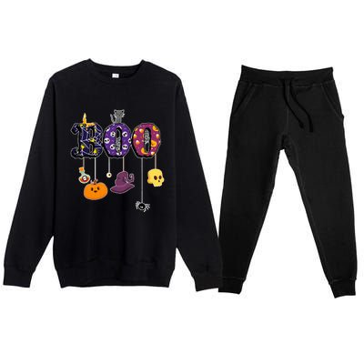 Boo Halloween Costume Spiders Ghosts Pumkin & Witch Hat Premium Crewneck Sweatsuit Set