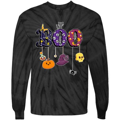 Boo Halloween Costume Spiders Ghosts Pumkin & Witch Hat Tie-Dye Long Sleeve Shirt