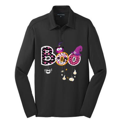 Boo Halloween Costume Spiders Ghosts Pumkin & Witch Hat Gift Silk Touch Performance Long Sleeve Polo