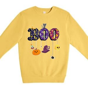 Boo Halloween Costume Spiders Ghosts Pumkin & Witch Hat Premium Crewneck Sweatshirt