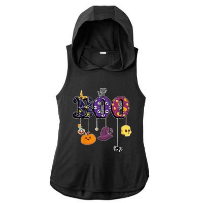 Boo Halloween Costume Spiders Ghosts Pumkin & Witch Hat Ladies PosiCharge Tri-Blend Wicking Draft Hoodie Tank