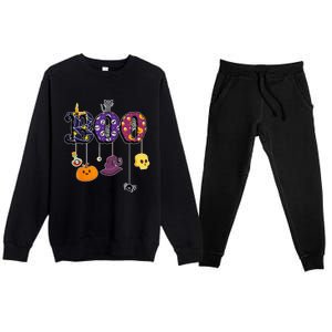 Boo Halloween Costume Spiders Ghosts Pumkin & Witch Hat Premium Crewneck Sweatsuit Set