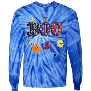 Boo Halloween Costume Spiders Ghosts Pumkin & Witch Hat Tie-Dye Long Sleeve Shirt