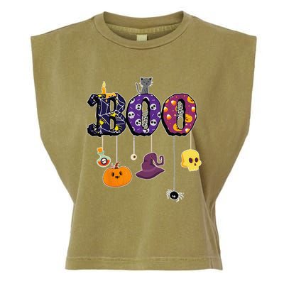 Boo Halloween Costume Spiders Ghosts Pumkin & Witch Hat Garment-Dyed Women's Muscle Tee