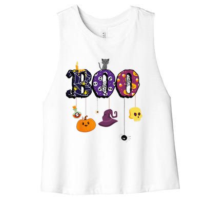 Boo Halloween Costume Spiders Ghosts Pumkin & Witch Hat Women's Racerback Cropped Tank