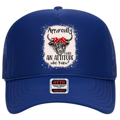 Bleached Highland Cow Apparently I Have An Attitude Who Knew High Crown Mesh Back Trucker Hat