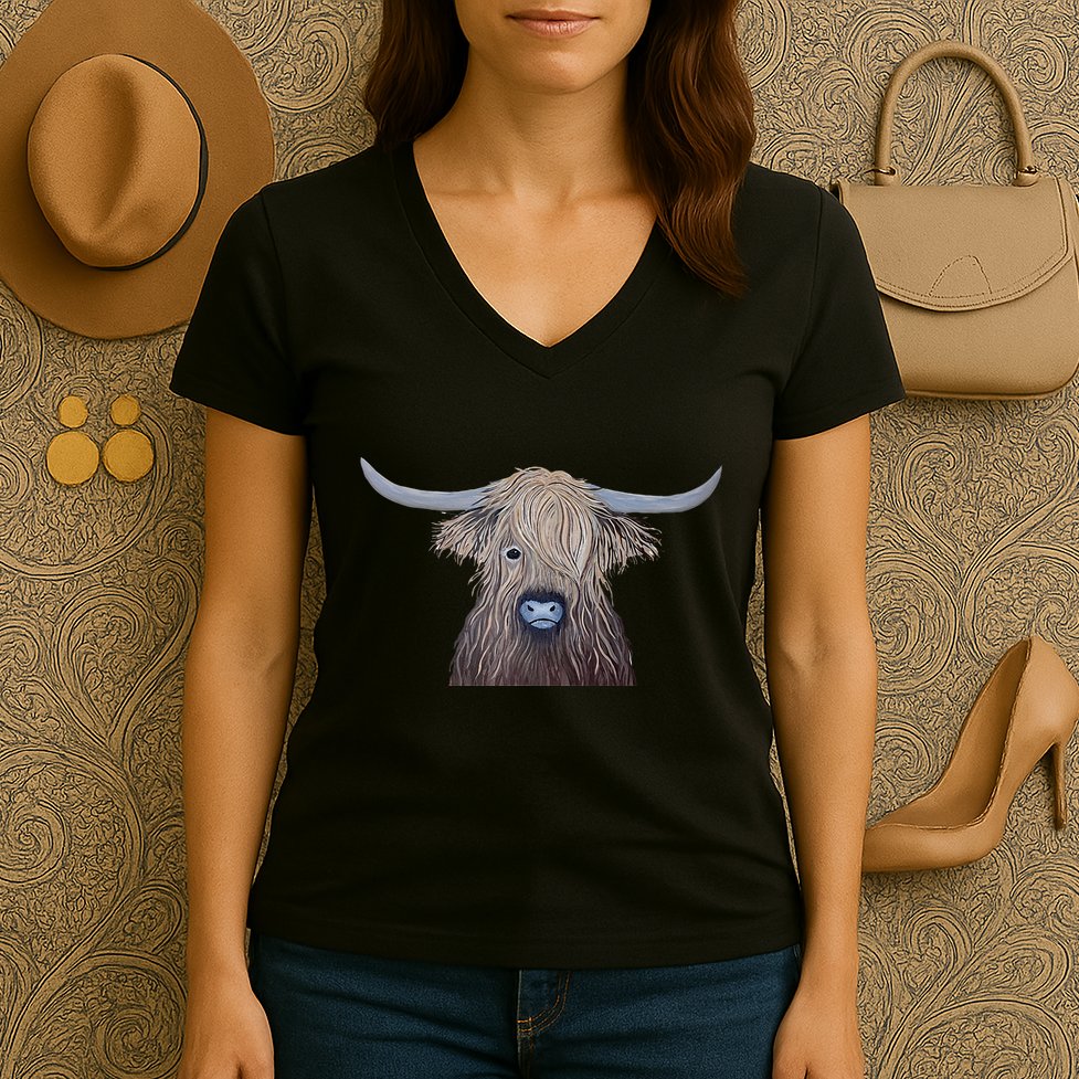 Bull Highland Cow Painting Charming Art Women's V-Neck T-Shirt