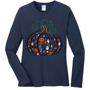 Boo Halloween Costume Spiders, Ghosts, Pumkin & Witch Hat Ladies Long Sleeve Shirt