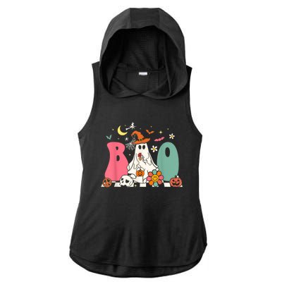 Boo Halloween Costume Spiders Ghosts Pumkin & Witch Hat Ladies PosiCharge Tri-Blend Wicking Draft Hoodie Tank