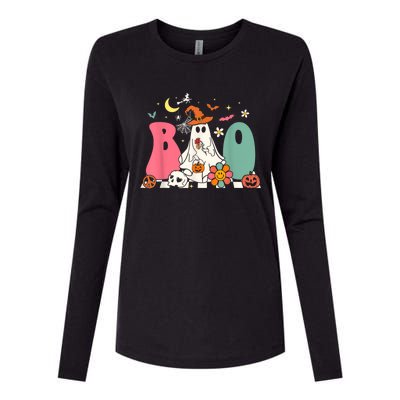 Boo Halloween Costume Spiders Ghosts Pumkin & Witch Hat Womens Cotton Relaxed Long Sleeve T-Shirt