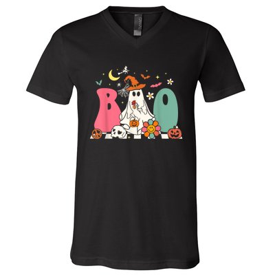 Boo Halloween Costume Spiders Ghosts Pumkin & Witch Hat V-Neck T-Shirt