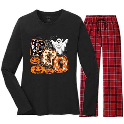 Boo Halloween Costume Spiders Ghosts Pumkin & Witch Hat Women's Long Sleeve Flannel Pajama Set 