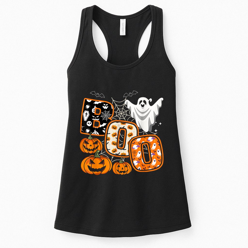 Boo Halloween Costume Spiders Ghosts Pumkin & Witch Hat Womens Tank Top