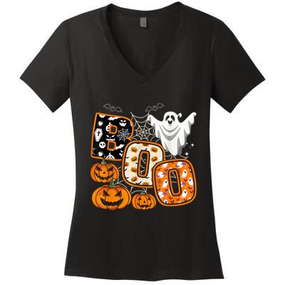 Boo Halloween Costume Spiders Ghosts Pumkin & Witch Hat Women's V-Neck T-Shirt