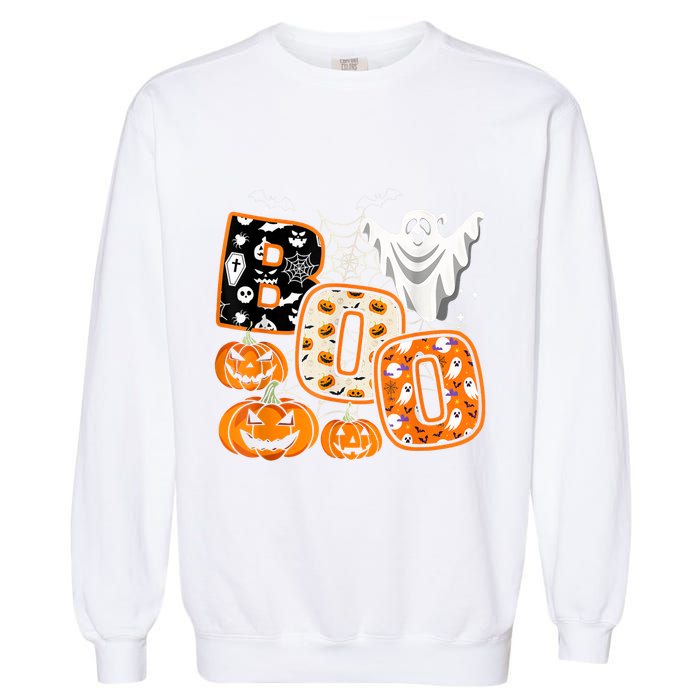 Boo Halloween Costume Spiders Ghosts Pumkin & Witch Hat Garment-Dyed Sweatshirt