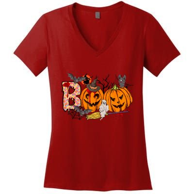 Boo Halloween Costume Spiders Ghosts Pumkin & Witch Hat Women's V-Neck T-Shirt