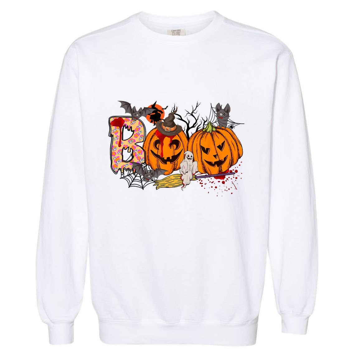 Boo Halloween Costume Spiders Ghosts Pumkin & Witch Hat Garment-Dyed Sweatshirt
