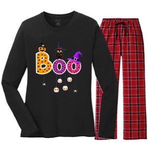 Boo Halloween Costume Spiders Ghosts Pumkin & Witch Hat Women's Long Sleeve Flannel Pajama Set 