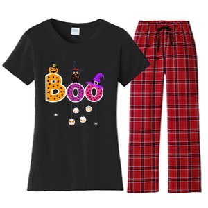 Boo Halloween Costume Spiders Ghosts Pumkin & Witch Hat Women's Flannel Pajama Set