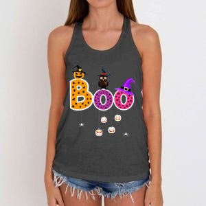 Boo Halloween Costume Spiders Ghosts Pumkin & Witch Hat Women's Knotted Racerback Tank