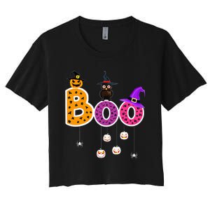 Boo Halloween Costume Spiders Ghosts Pumkin & Witch Hat Women's Crop Top Tee