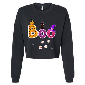 Boo Halloween Costume Spiders Ghosts Pumkin & Witch Hat Cropped Pullover Crew