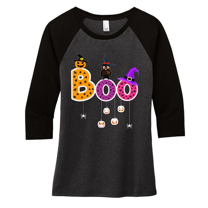 Boo Halloween Costume Spiders Ghosts Pumkin & Witch Hat Women's Tri-Blend 3/4-Sleeve Raglan Shirt