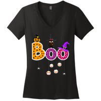 Boo Halloween Costume Spiders Ghosts Pumkin & Witch Hat Women's V-Neck T-Shirt