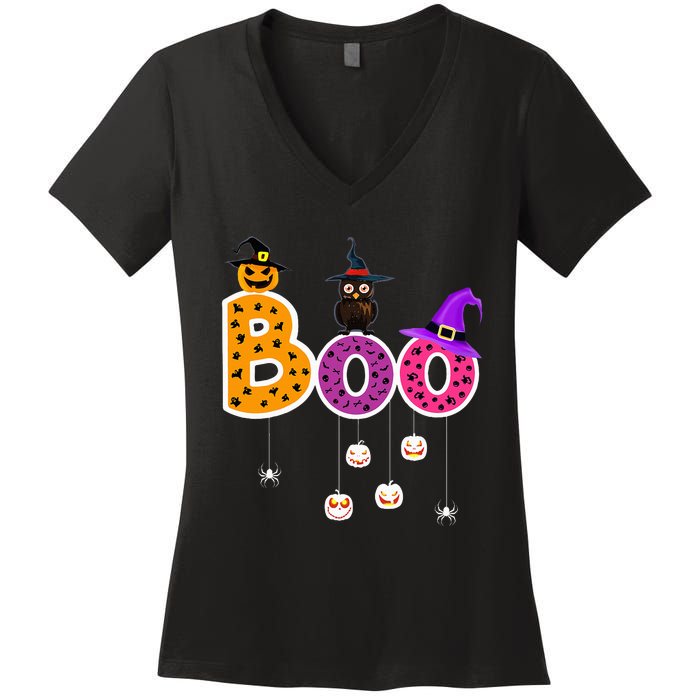 Boo Halloween Costume Spiders Ghosts Pumkin & Witch Hat Women's V-Neck T-Shirt