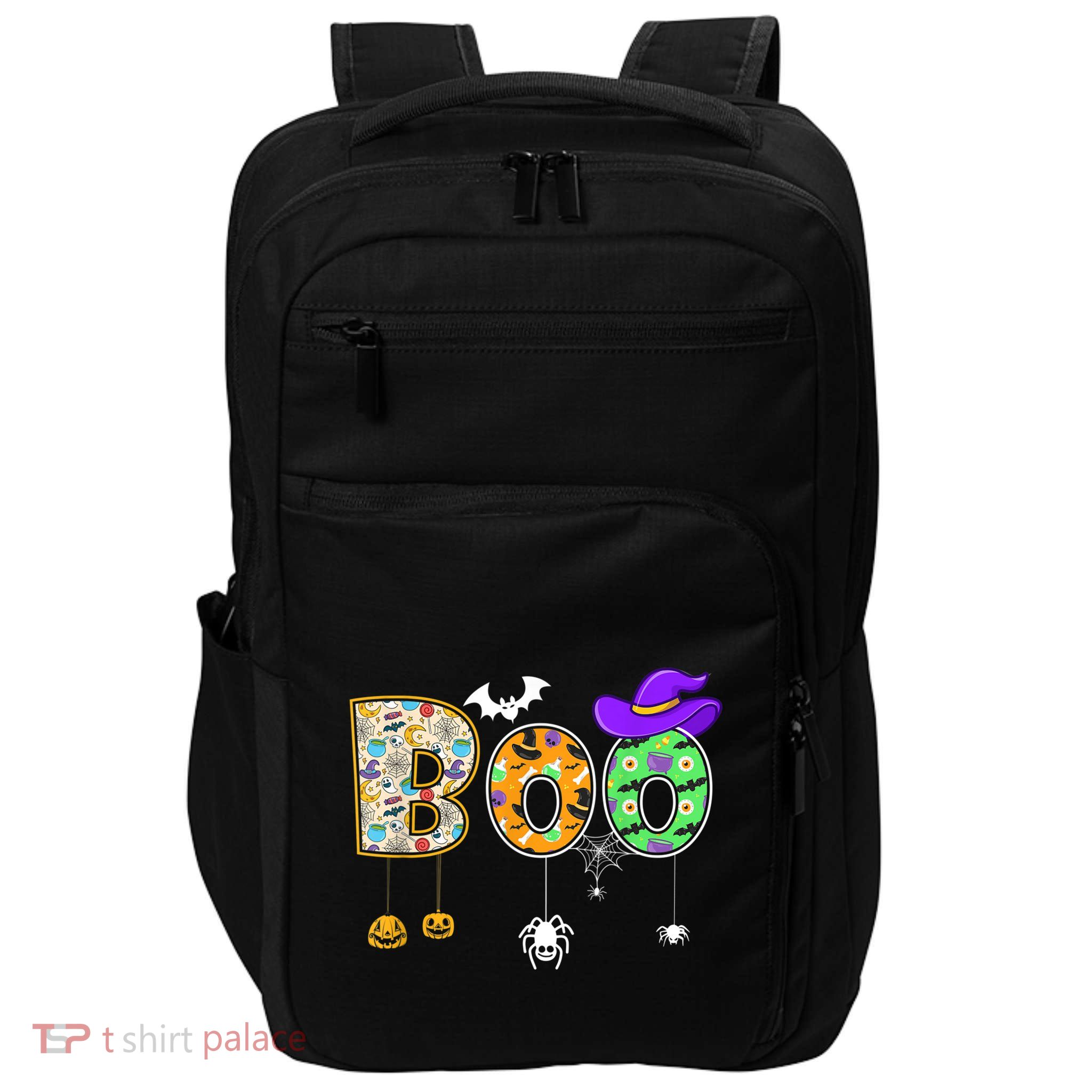 Boo Halloween Costume Spiders Ghosts Pumpkin & Witch Hat Impact Tech Backpack