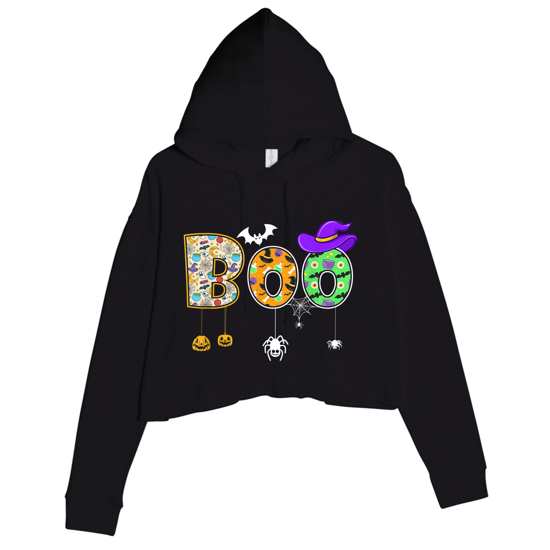Boo Halloween Costume Spiders Ghosts Pumpkin & Witch Hat Crop Fleece Hoodie