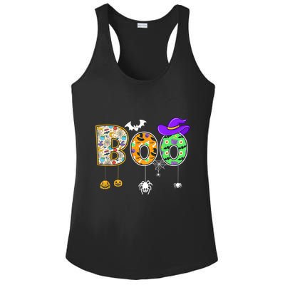 Boo Halloween Costume Spiders Ghosts Pumpkin & Witch Hat Ladies PosiCharge Competitor Racerback Tank