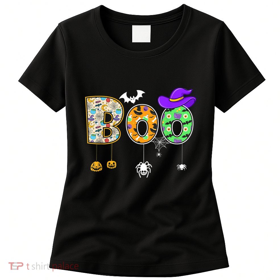 Boo Halloween Costume Spiders Ghosts Pumpkin & Witch Hat Womens T-Shirt