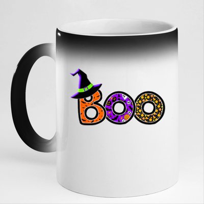 Boo Halloween Costume Spiders Ghosts Pumkin & Witch Hat 11oz Black Color Changing Mug