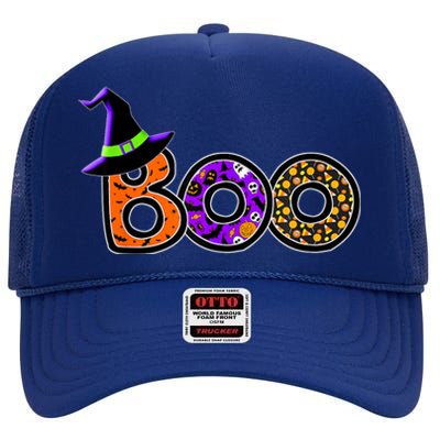 Boo Halloween Costume Spiders Ghosts Pumkin & Witch Hat High Crown Mesh Back Trucker Hat