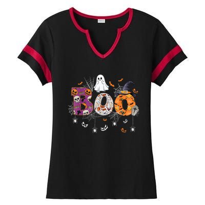 Boo Halloween Costume Spiders, Ghosts, Pumpkin & Witch Hat Ladies Halftime Notch Neck Tee