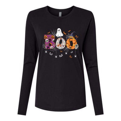 Boo Halloween Costume Spiders, Ghosts, Pumpkin & Witch Hat Womens Cotton Relaxed Long Sleeve T-Shirt