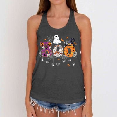 Boo Halloween Costume Spiders, Ghosts, Pumpkin & Witch Hat Women's Knotted Racerback Tank