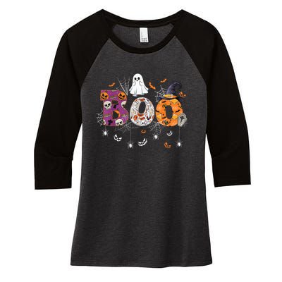 Boo Halloween Costume Spiders, Ghosts, Pumpkin & Witch Hat Women's Tri-Blend 3/4-Sleeve Raglan Shirt