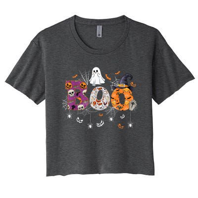 Boo Halloween Costume Spiders, Ghosts, Pumpkin & Witch Hat Women's Crop Top Tee