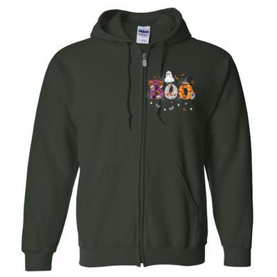 Boo Halloween Costume Spiders, Ghosts, Pumpkin & Witch Hat Full Zip Hoodie