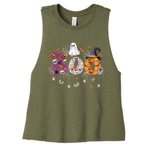 Boo Halloween Costume Spiders, Ghosts, Pumpkin & Witch Hat Women's Racerback Cropped Tank