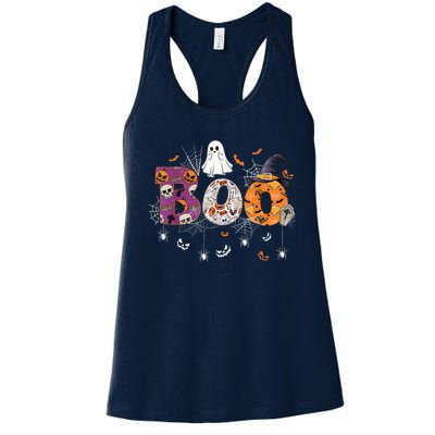 Boo Halloween Costume Spiders, Ghosts, Pumpkin & Witch Hat Women's Racerback Tank