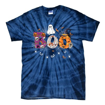 Boo Halloween Costume Spiders, Ghosts, Pumpkin & Witch Hat Tie-Dye T-Shirt