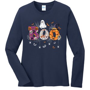 Boo Halloween Costume Spiders, Ghosts, Pumpkin & Witch Hat Ladies Long Sleeve Shirt