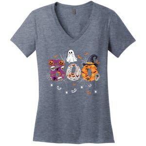 Boo Halloween Costume Spiders, Ghosts, Pumpkin & Witch Hat Women's V-Neck T-Shirt